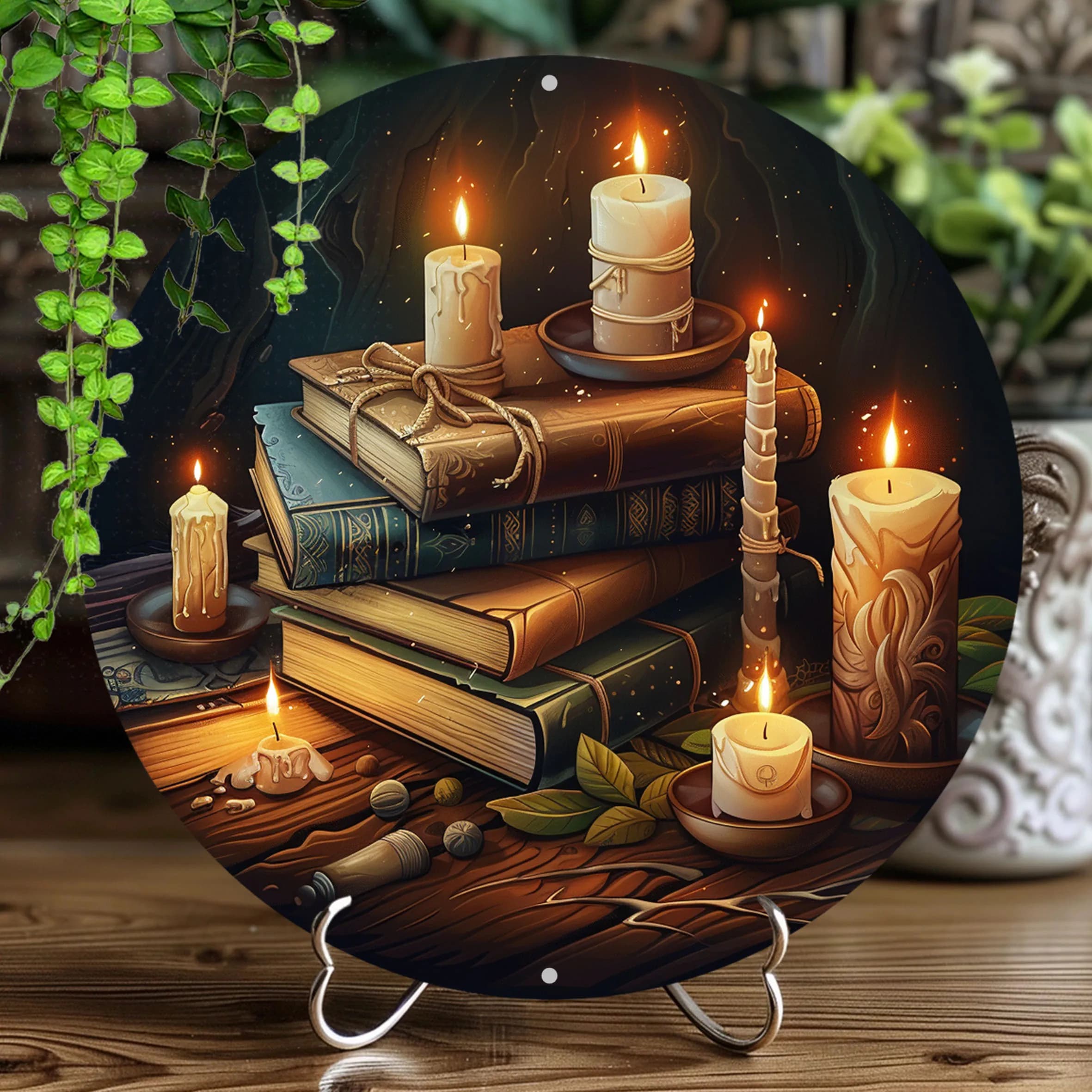 2D Flat Retro Round Aluminum Wall Art Sign, 8x8 Inch, Candle and Book Graphic, No Electricity Needed, Easy to Hang, for Home Bar