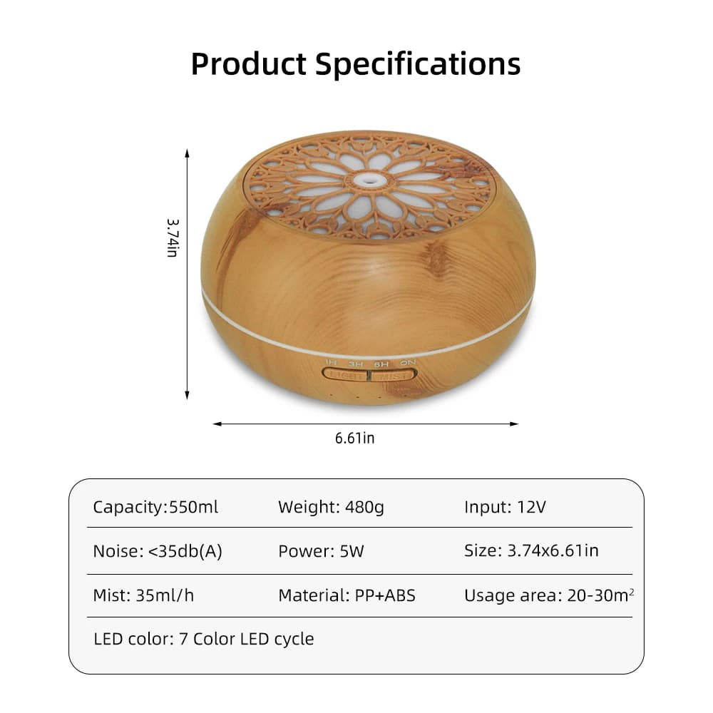Diffusore di oli essenziali da 550 ml con 6 oli inclusi, dotato di tecnologia Soundwave, telecomando e spegnimento automatico per casa, ufficio, camera da letto