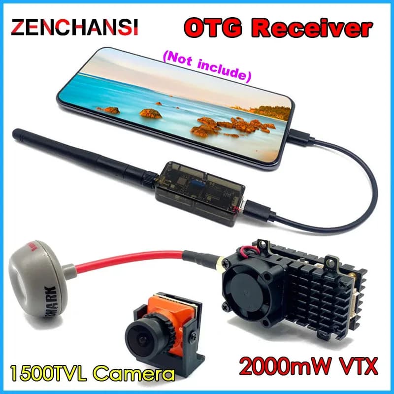 Trasmettitore wireless FPV 5.8G 2000MW 48CH VTX Portata superiore a 20Km + Ricevitore OTG UVC + Telecamera 1500TVL per kit telecamera FPV per aereo