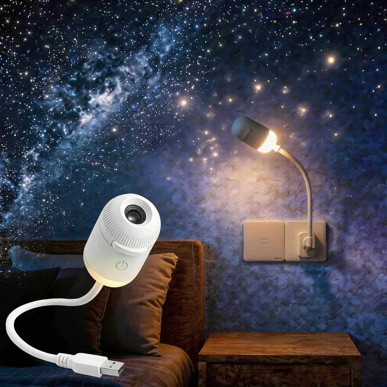 2-in-1 Galaxy Projector Night Light,USB Portable Starry Sky for Bedroom 360° Rotating Mini LED Nightlight Wall Lamp Film Discs