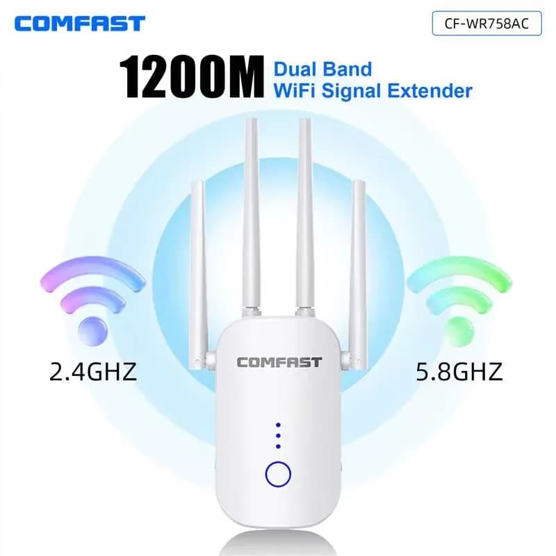 Comfast WIFI5 1200Mbps Dual-Band Wi-Fi Range Extender 2.4GHz+5.8GHz with 4*3dBi Antennas Wireless Signal Repeater for Enhanced N
