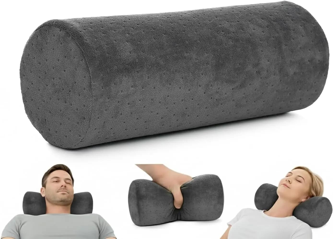 Cuscino rotondo cervicale per supporto di testa, collo, schiena e gambe - 13" x 5", grigio con fodera lavabile