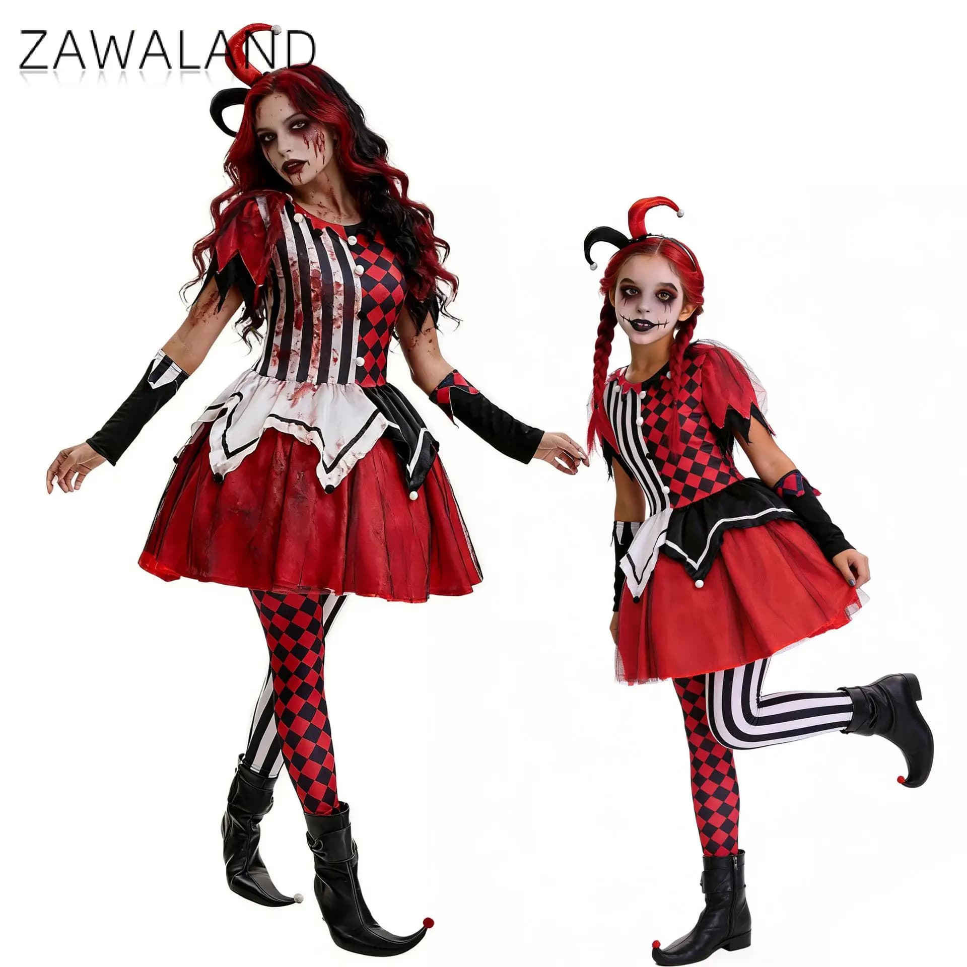 Zawaland Set di 4 Costumi da Clown per Famiglia, Costume di Halloween Rosso e Nero, Abito Harley Q Jester, Outfit da Clown Malvagio e Sanguinoso per Feste in Maschera