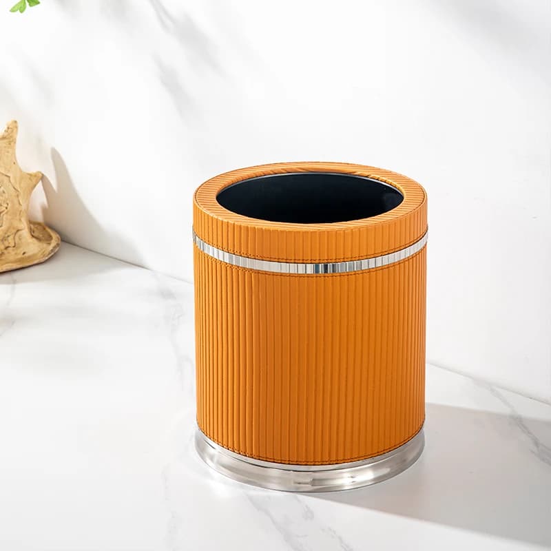 Bidone della spazzatura in acciaio inossidabile e pelle, cestino dei rifiuti decorativo per ufficio, bidone della carta di lusso, elegante contenitore della spazzatura per la casa