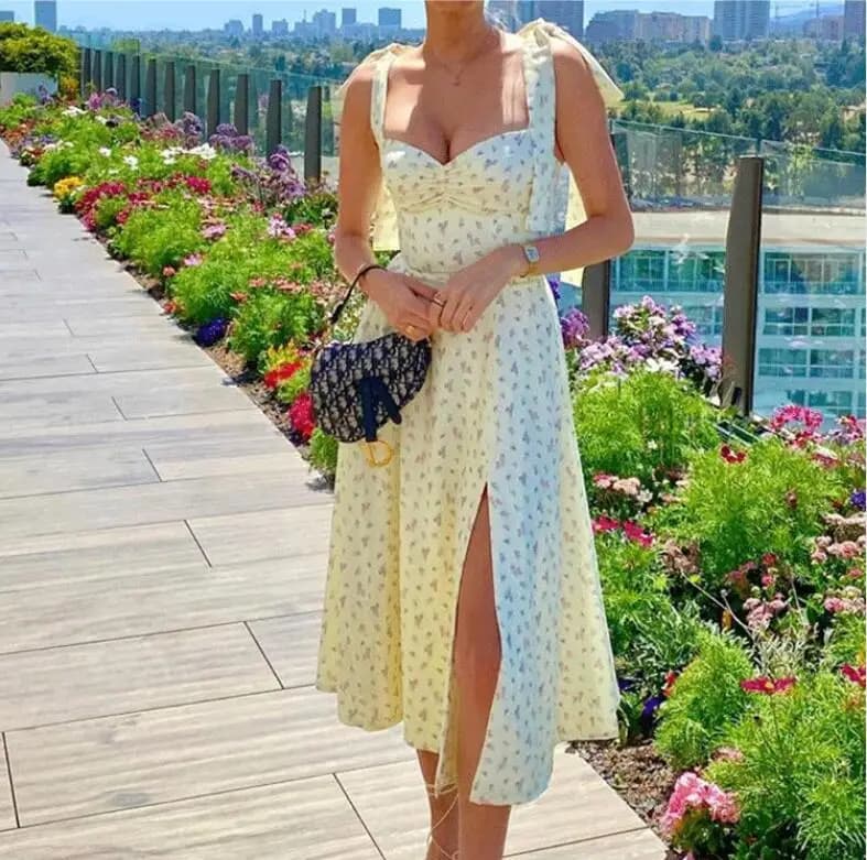 Summer New Mid-Length Floral Print Sexy Backless Split Belted Strap Dress Women's Elegant Commute High Waist A-Line Dress