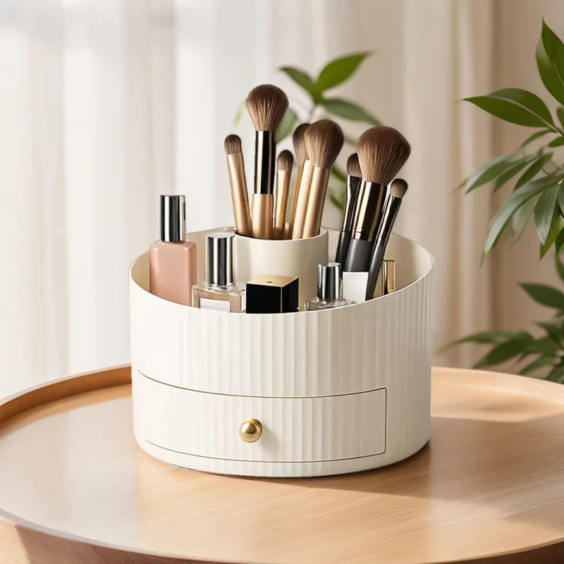 Scatola portaoggetti rotonda per cosmetici da tavolo con cassetto portaoggetti per pennelli per trucco, tavolo da toeletta, pennello per ombretto, scatola per rossetto