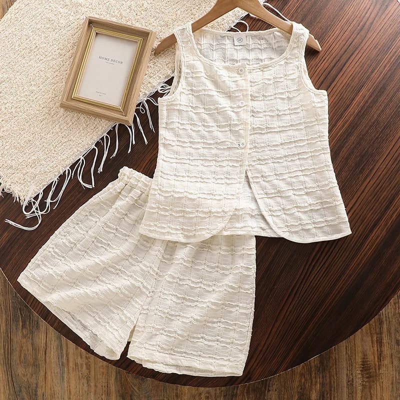 Vendita calda estiva tinta unita bianco 2 pezzi top monopetto a righe e pantaloncini elastici in vita per ragazze 8-12 anni set Daliy