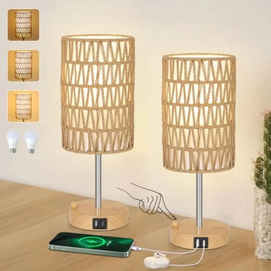 Set di 2 Lampade da Comodino con Lampadina, Lampada da Comodino con Controllo Touch per Camera da Letto con Paralume in Rattan e Lino, Dimmerabile a 3 Livelli, Piccole B