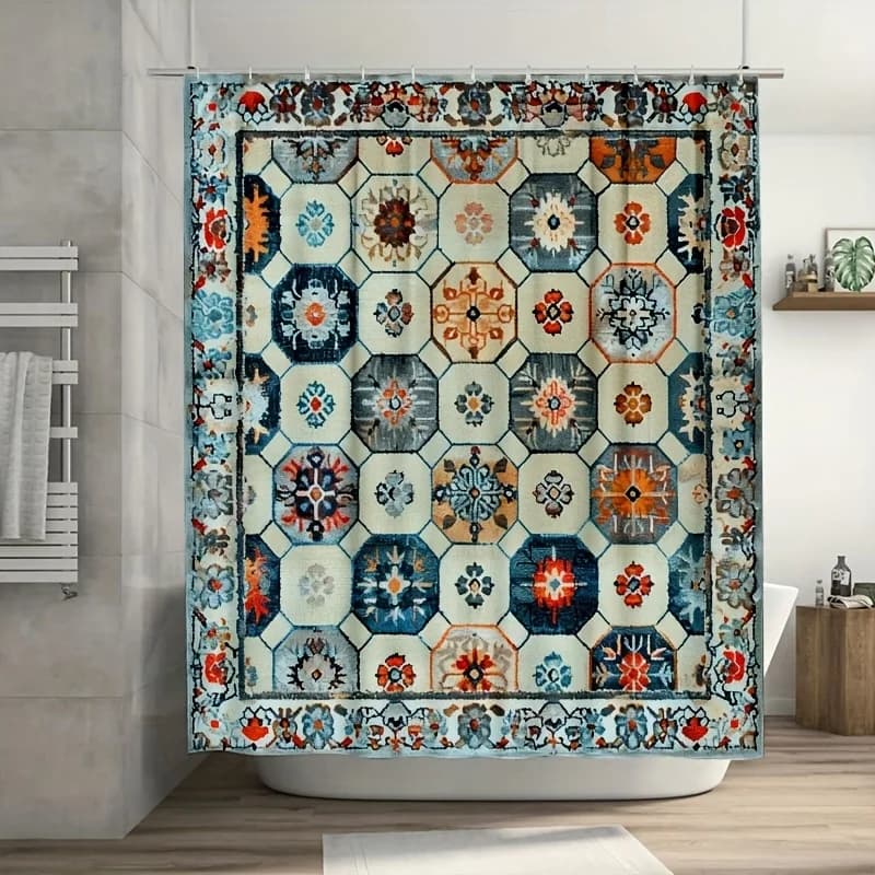 Waterproof Geometric Moroccan Tile Pattern Shower Curtain Blue Mediterranean Bathroom Decor Boho Ethnic Print Curtain Liner