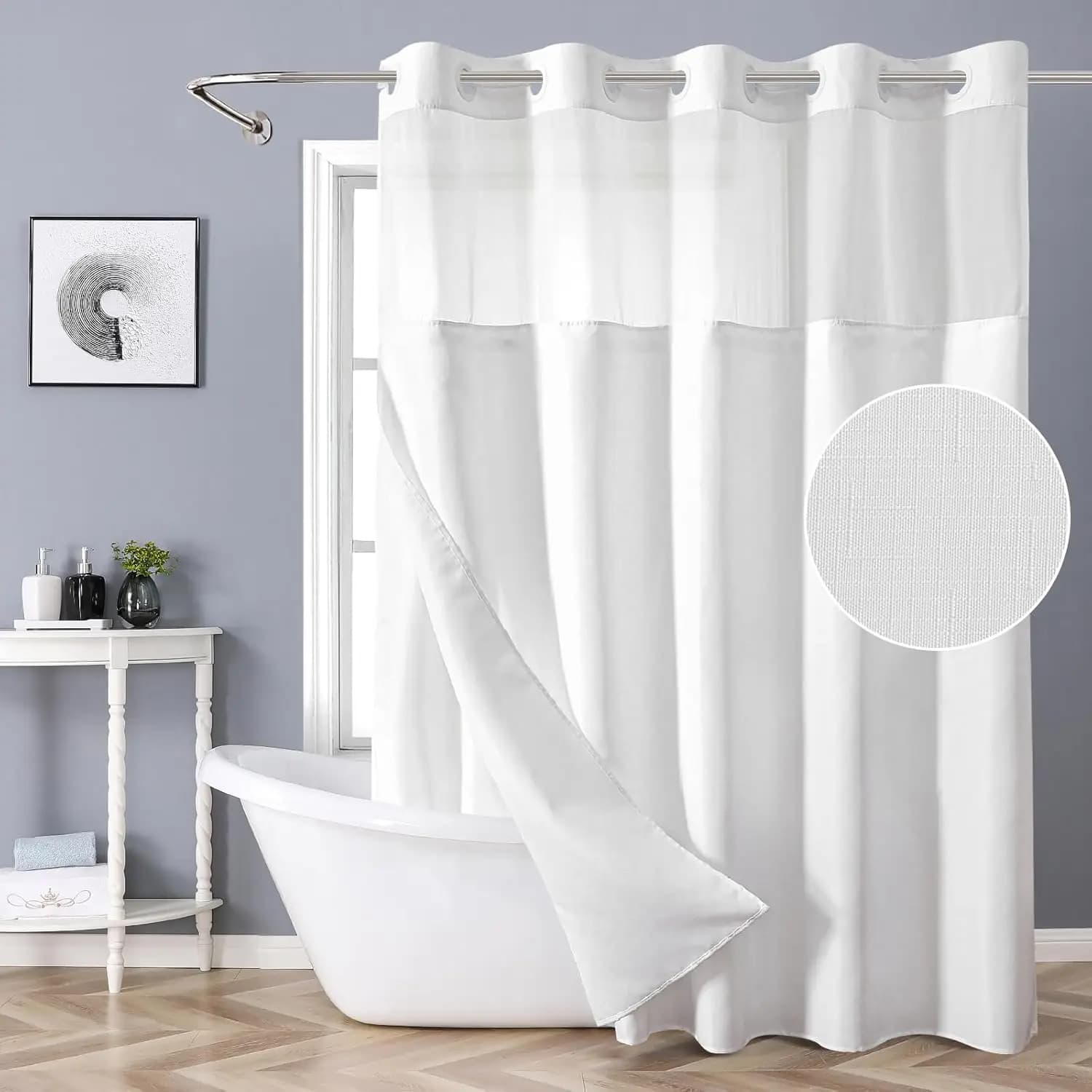 Set of White Shower Curtains with Textured Fabric, Water-repellent and Washable, 71x74 Pollics for Modern Bath