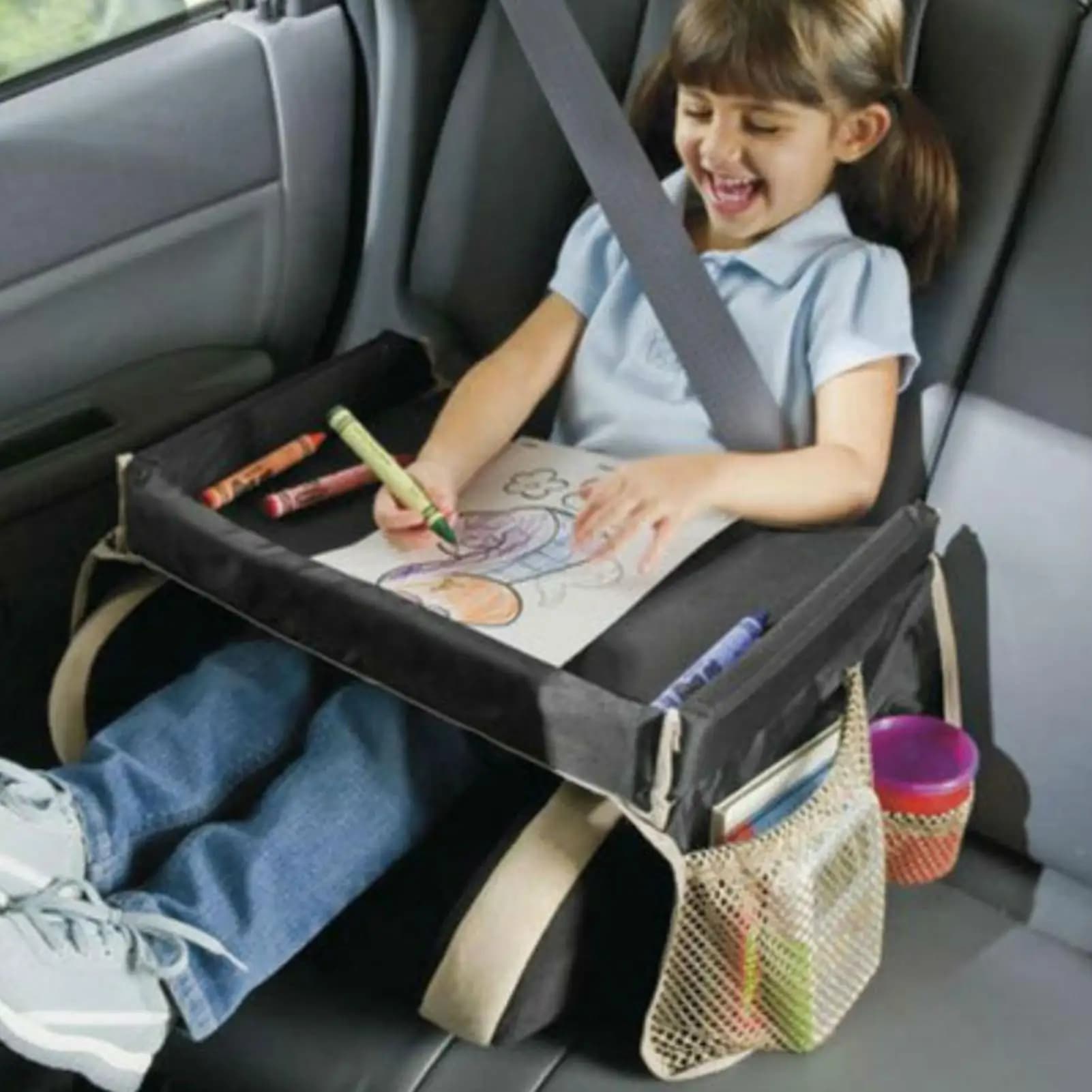 Car Tray for Kids Toddler Car Seat Lap Tray Carseat Table Carseat Table with Adjustable Straps Lap Desk Organizer with Pockets
