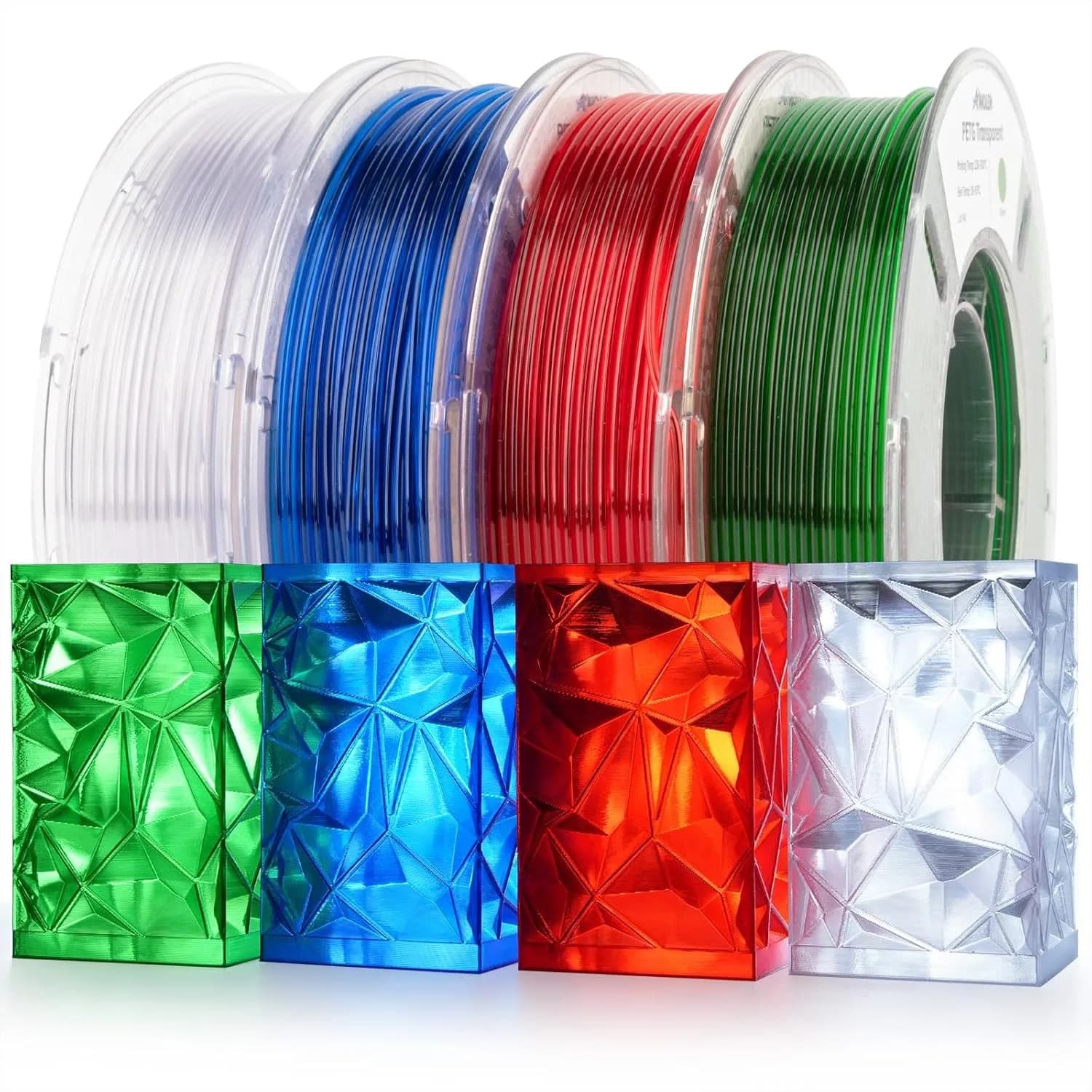 Filamento PETG per Stampante 3D, Confezione da 4 Colori Traslucidi: Trasparente/Bianco, Rosso, Verde, Blu, 250g Ciascuno