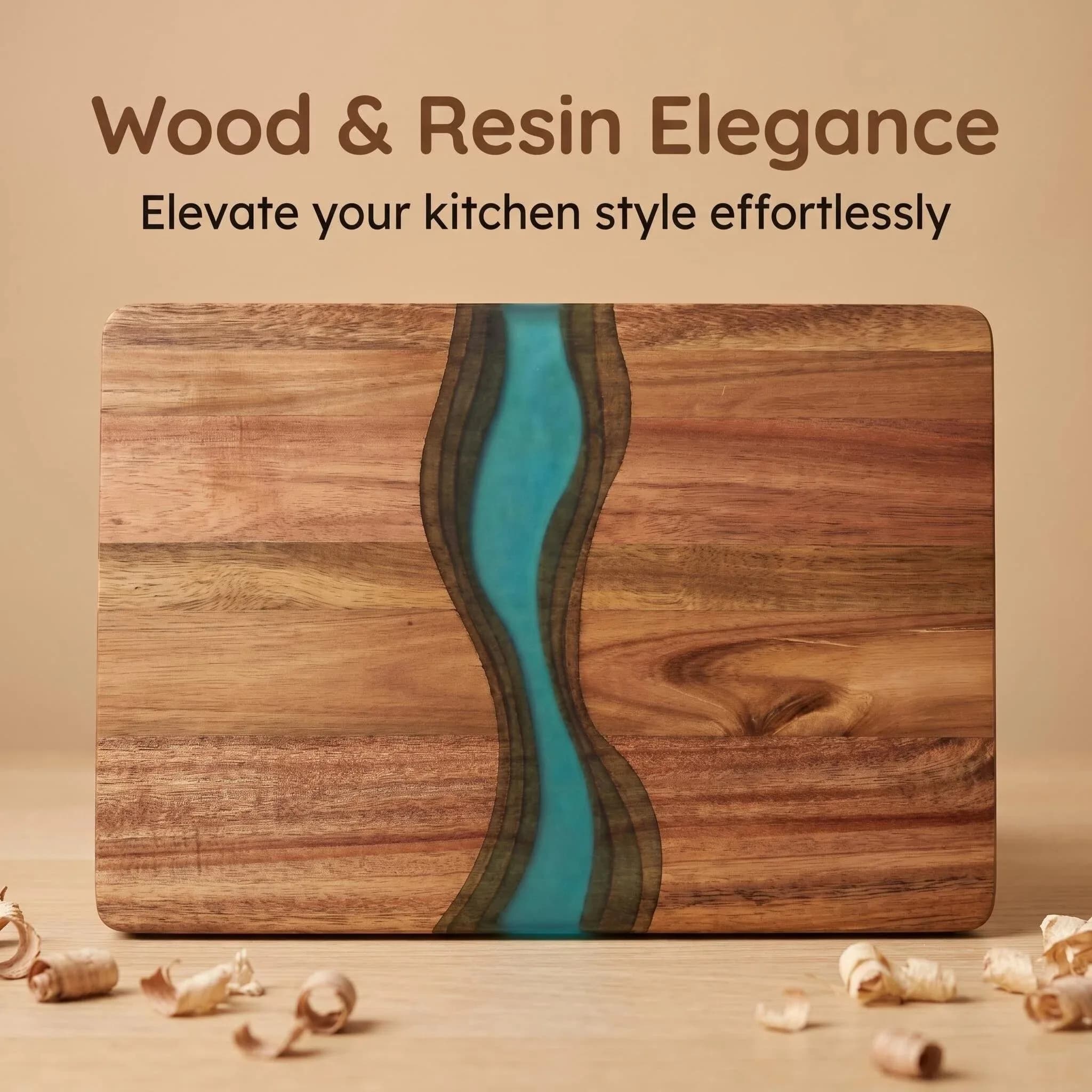 Acacia Wood Cutting Board with Wave Pattern Resin Kitchen Tool for Chopping Food Grade Safe Natural Wood Color