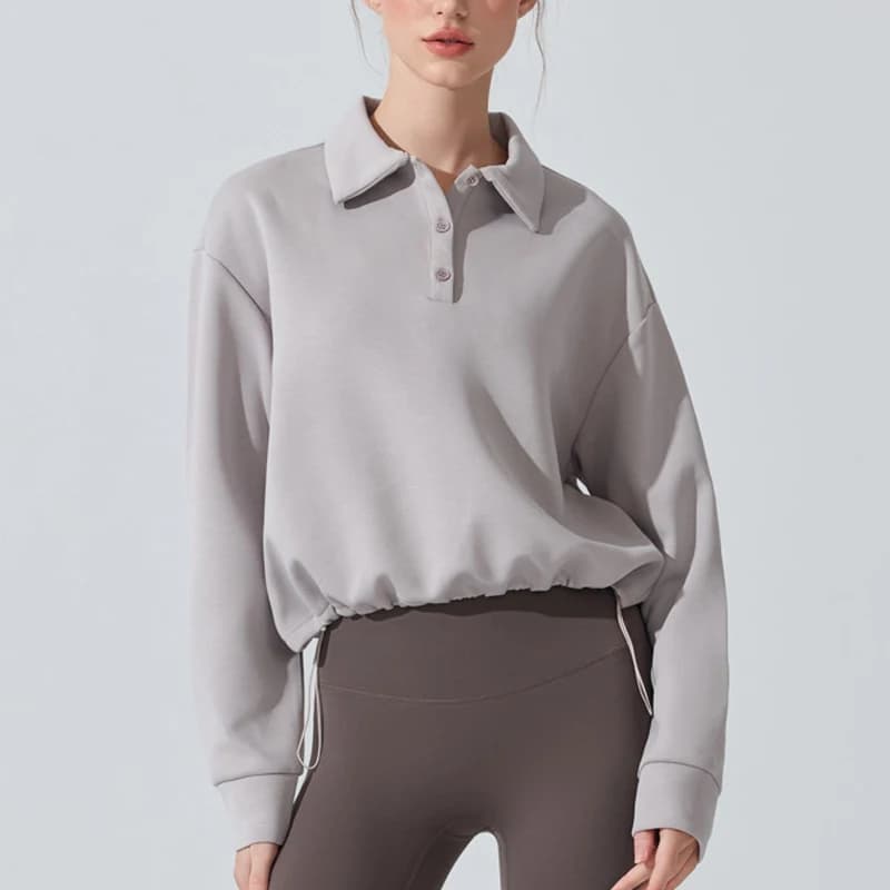 Felpa da corsa da donna all'aperto tinta unita manica lunga ampia palestra top orlo regolabile camicia da allenamento abbigliamento sportivo traspirante femminile