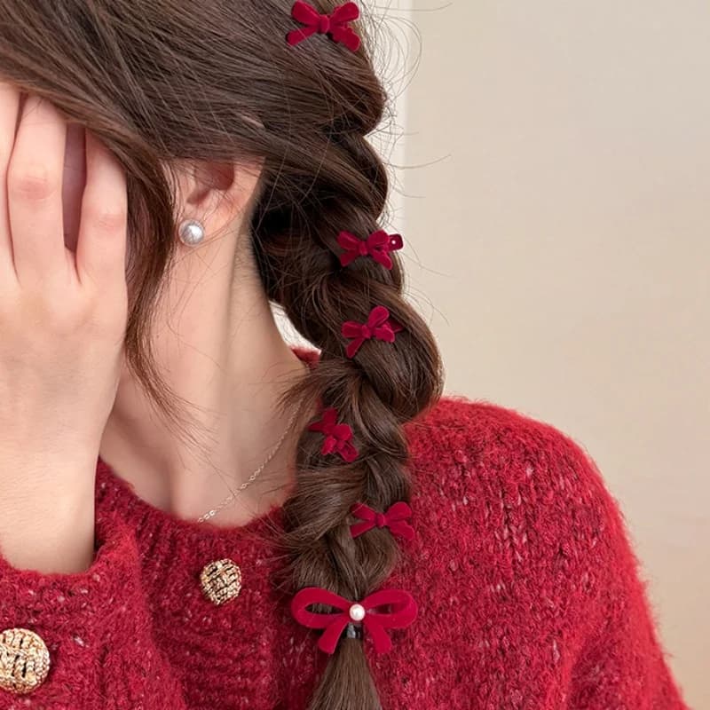2Pcs New Year Red Bow Hair Clips Mini Flocking Pearl Hair Claws Sweet Girls Bangs Holder Side Hair Fringes Clips Women Accessory