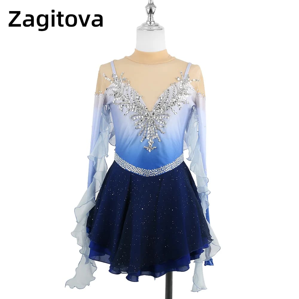 ZAGITOVA Abito da pattinaggio di figura Blu sfumato Donna Ragazza Gonna da pattinaggio su ghiaccio Maniche galleggianti Strass Gonna a rete Costume