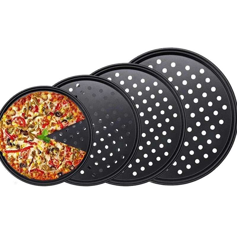 1PC Black Carbon Steel Perforated Pizza Pan Set Non Stick Cooking Plate Mupti Purpose Round Baking Tools Crispy & Bubbly