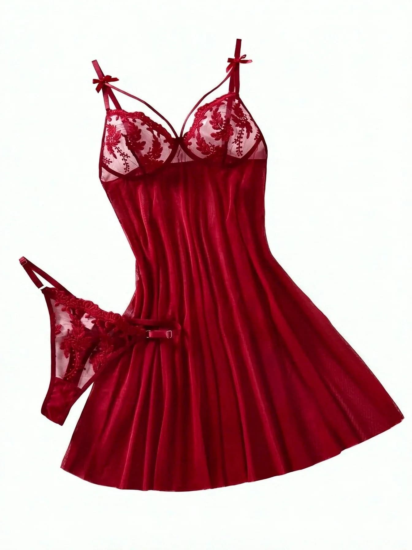 Women Wine Red Wheat Ear Embroidery Semi Sheer Nightgown, Countryside Bow Design Elegant Comfort Sleep Lingerie