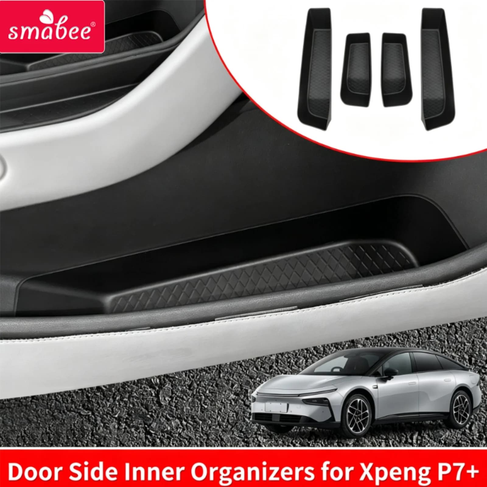 Smabee for Xpeng P7+ 2024-2026 Front Rear Door Storage Tray Car Door Handle Storage Box Organizer TPE Car Accessories Black 4pcs