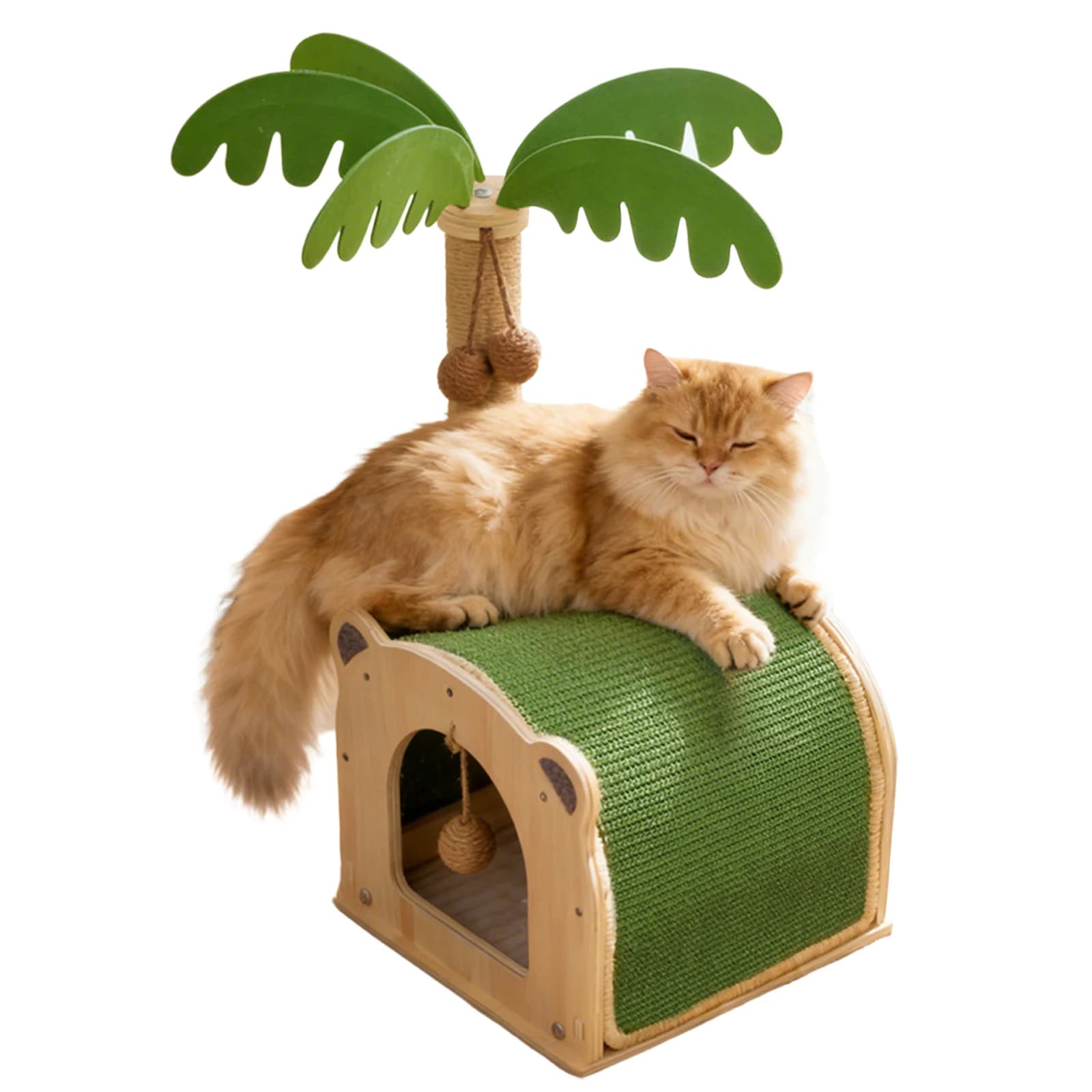 Tiragraffi in sisal a forma di albero di cocco con palline appese, gioco interattivo in legno per gatti da interno e gattini