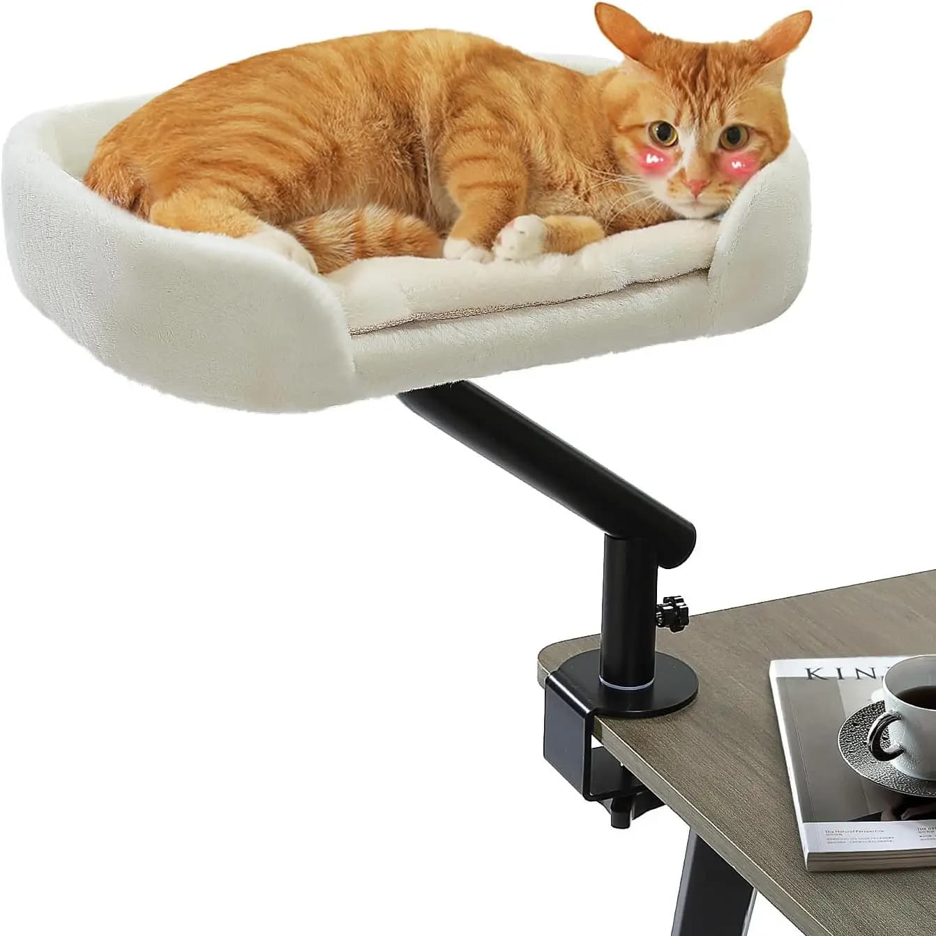 Cuccia girevole per gatti con pelliccia morbida, supporta fino a 22 kg, morsetto regolabile per tavoli, bianca