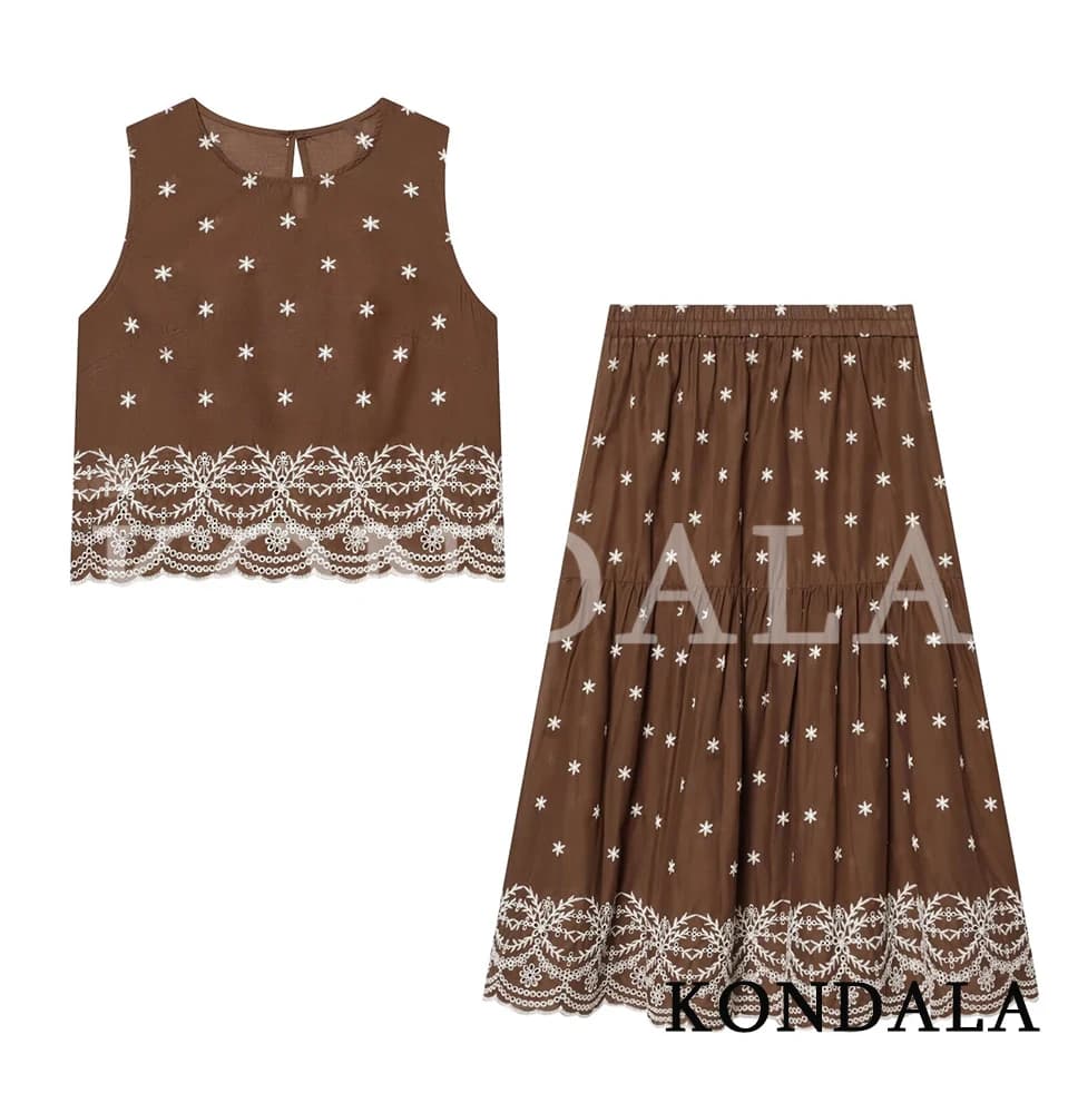 KONDALA Set Gonna Ricamata Chic da Donna, Top Senza Maniche Trendy per Vacanze Estive, Gonna con Elastico in Vita, Set Casual Elegante Moda 2026