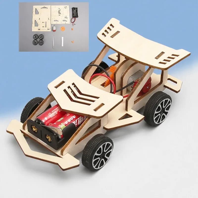 Kit sperimentale scientifico di assemblaggio di auto da corsa a quattro ruote motrici per auto da corsa elettriche in legno fai-da-te KIDS STEM giocattoli educativi