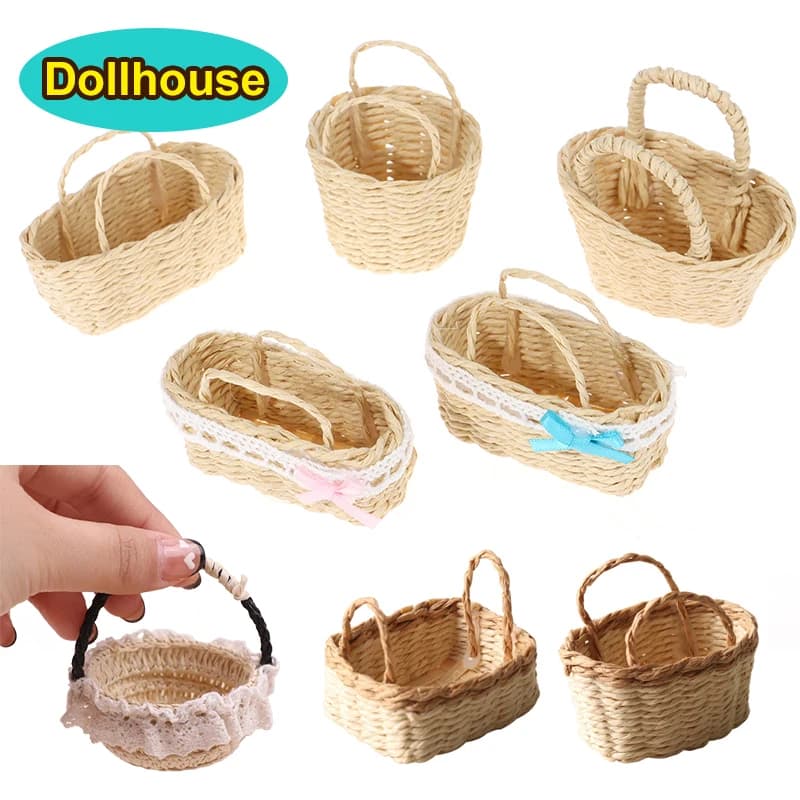 1 pz Mini 1/12 carino casa delle bambole struttura in rattan intrecciato a mano cestello portaoggetti per alimenti per verdure bambole decorazione in miniatura