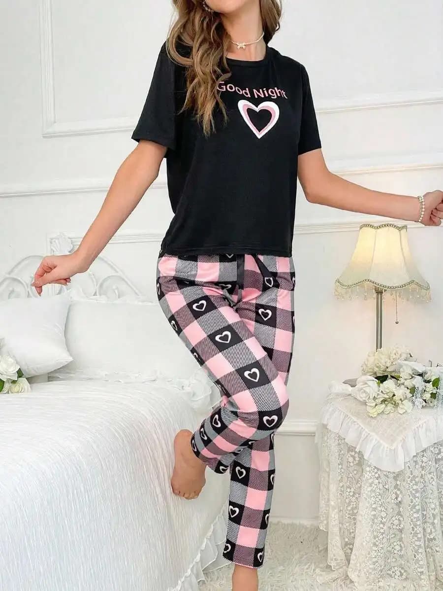 Good Night Heart Graphic Tee And Plaid Print Heart Pants Pajama Set