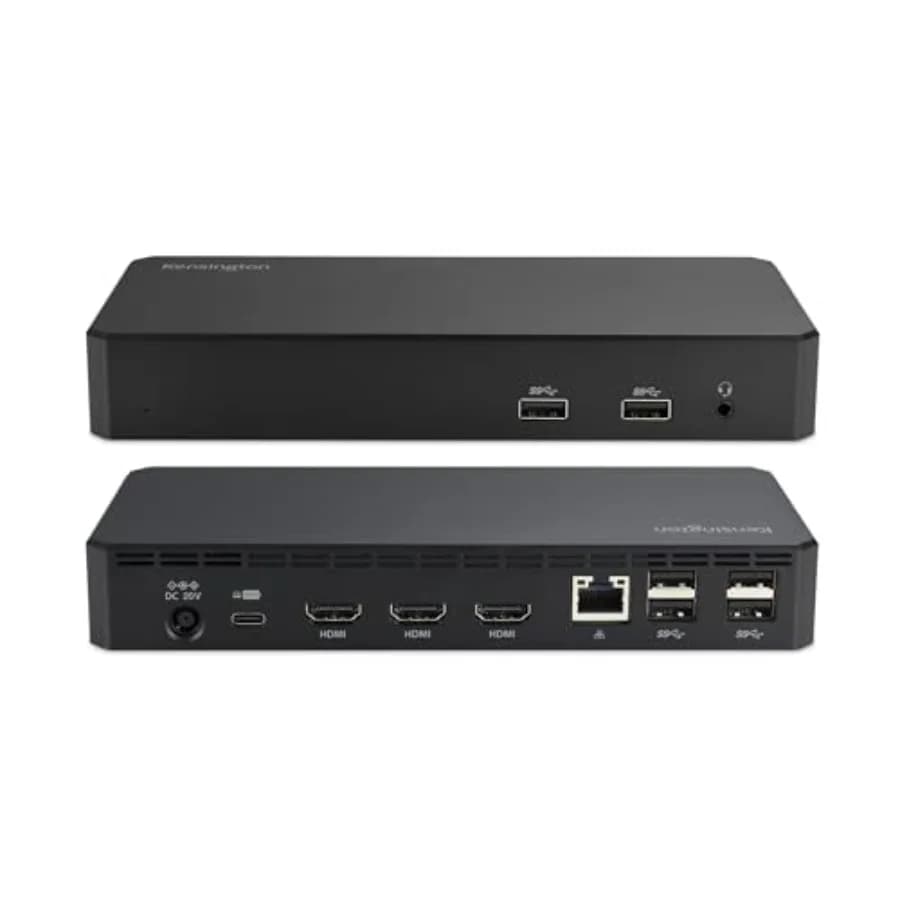Docking station per triplo monitor per uso ufficio, in lega di alluminio, nera, con ricarica laptop da 100W e supporto DisplayLink