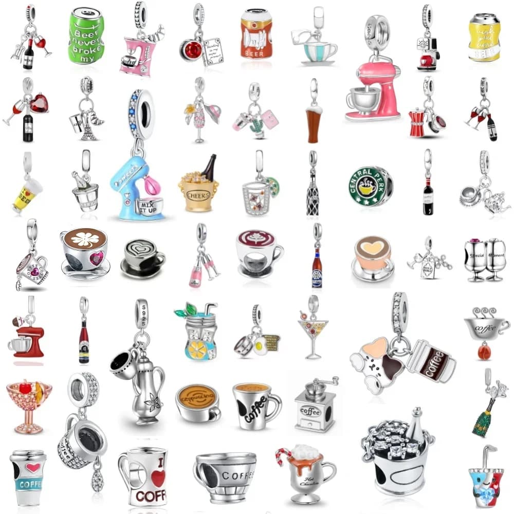 925 Silver drink series Charm coffee cup Beads wine glass Coffee pot Pendant Fit Original Bracelet Women DIY Accessories Jewelry