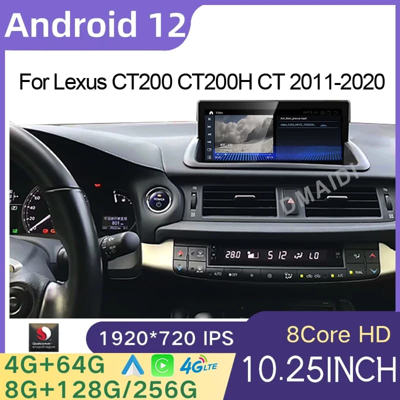 Android 12 Qualcomm Lettore multimediale per auto da 10.25 pollici Navigazione GPS per Lexus CT CT200 CT200h 2011-2020 CarPlay Autoradio Stereo