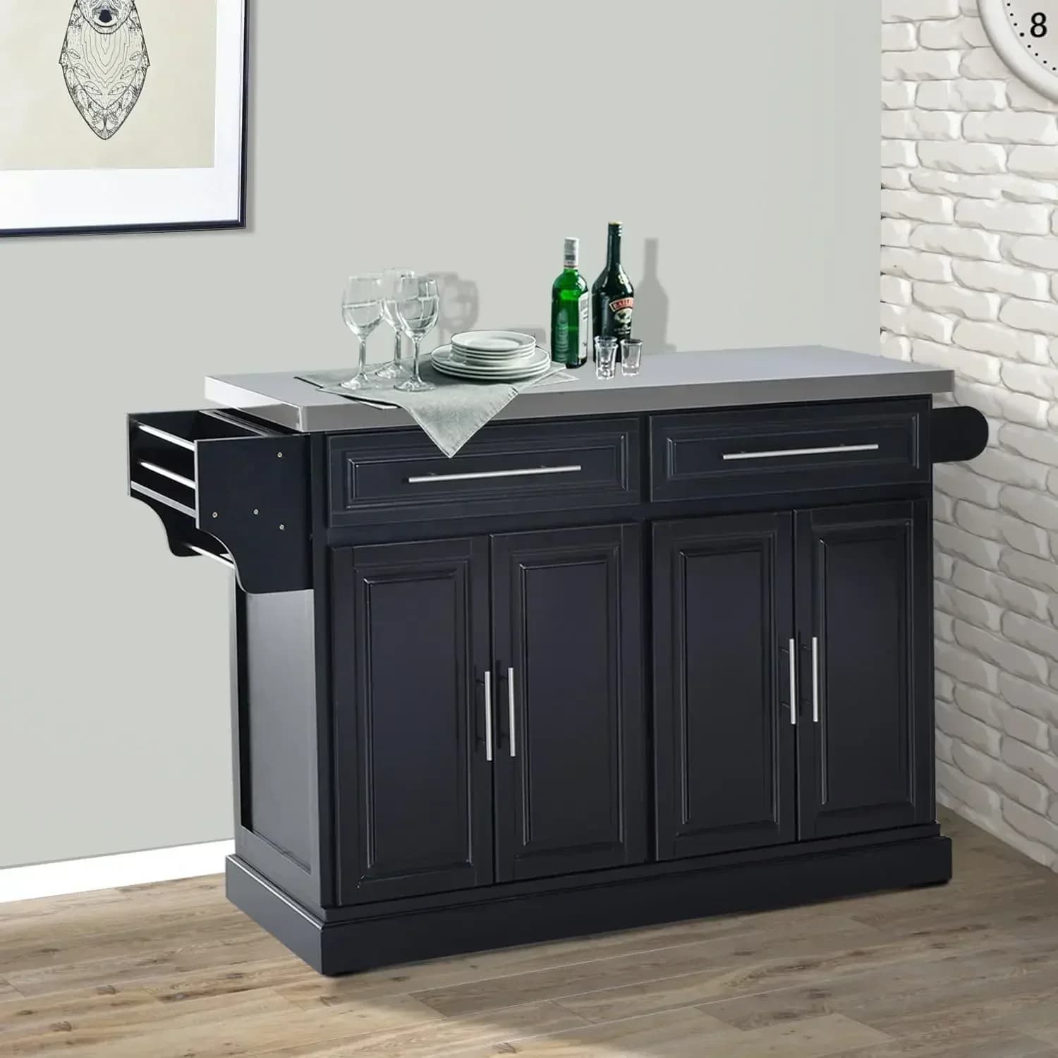XMSJ. Kitchen island with container, portable kitchen cart with stainless steel top, 2 drawers, spices, knives and towel rack,