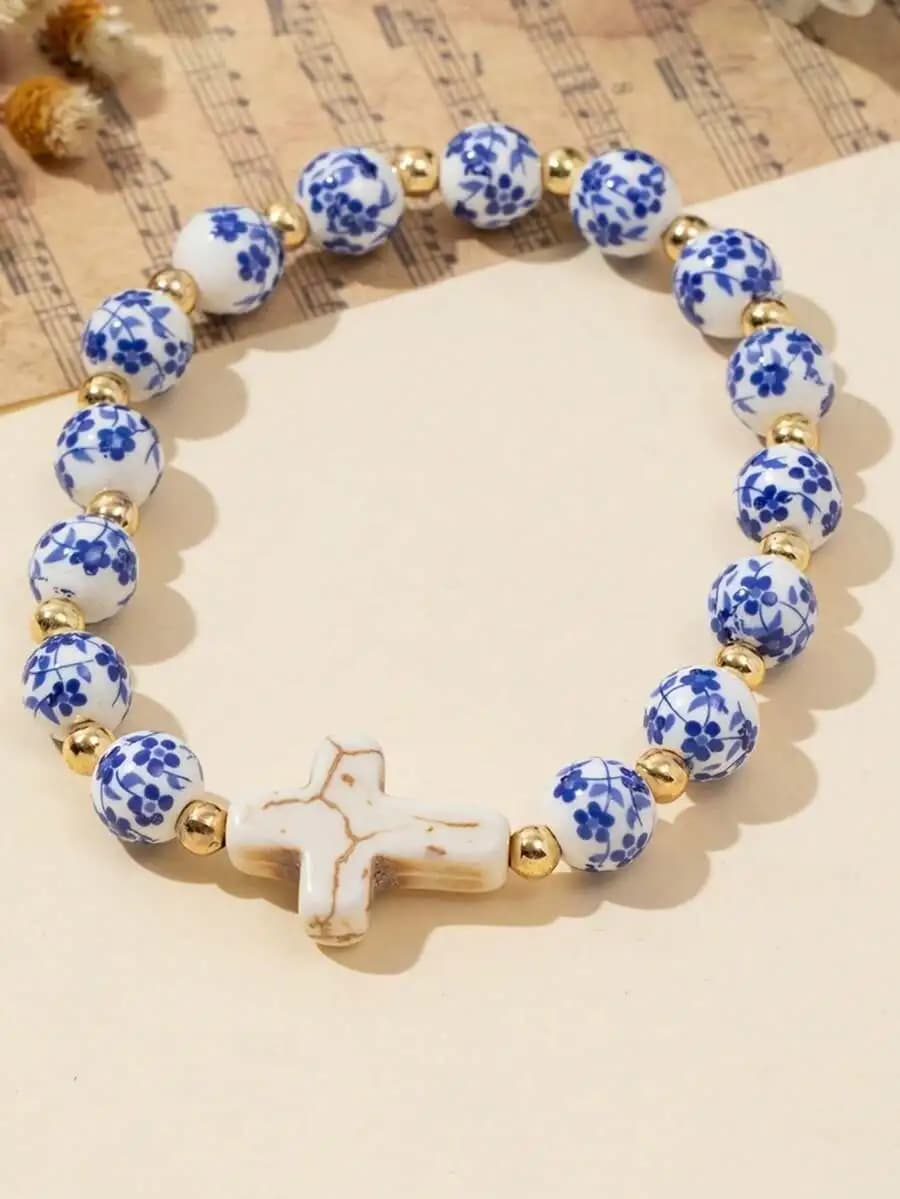 Vintage Chinese-inspired turquoise cross porcelain beaded bracelet elegant handmade artisan jewelry