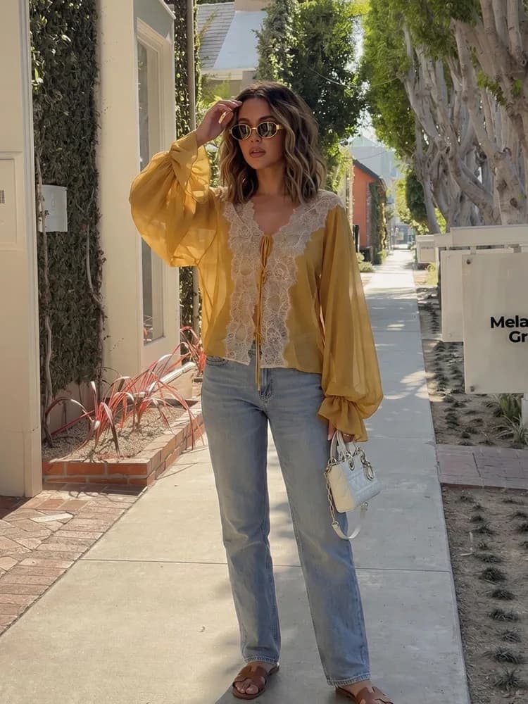 HH Nuova Collezione Estiva da Donna: Top in Chiffon Giallo Trendy con Pizzo, Maniche a Sbuffo e Laccetti Frontali, Blusa Leggera per Uso Quotidiano