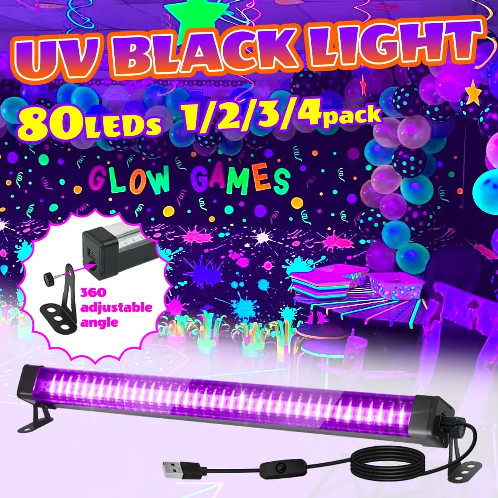 Tubo a luce nera da 80 LED - con interruttore, rotazione a 360 gradi, lampada UV per feste luminose, body art, Halloween, vacanze di Natale