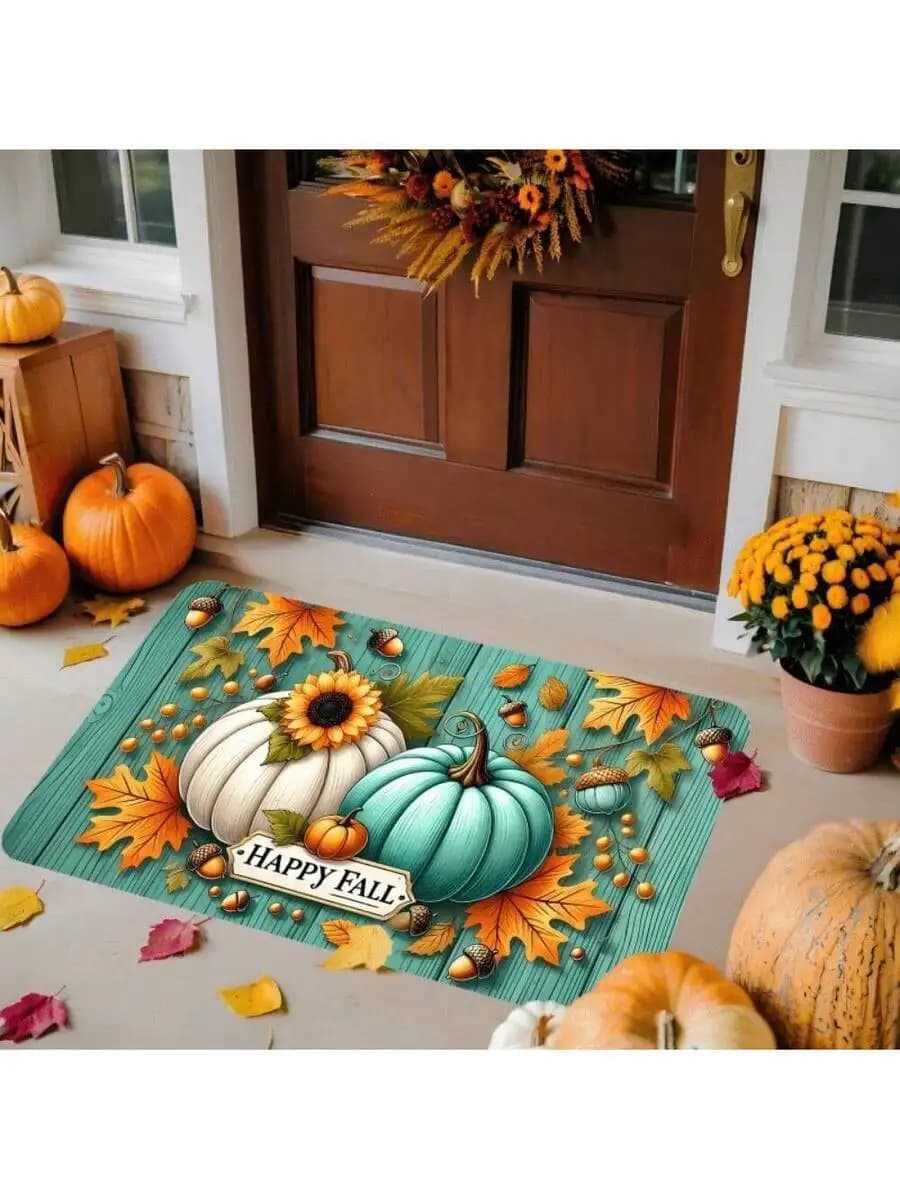 Fall Doormat With Pumpkin Sunflower Design Machine Washable Polyester Indoor Outdoor Mat
