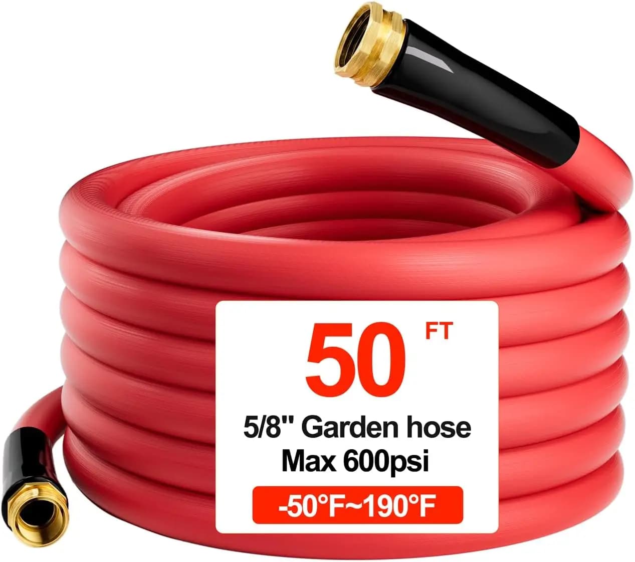 Tubo da Giardino Resistente per Acqua -50 ℉ fino a 190 ℉ Tubo flessibile in gomma da 50 piedi x 5/8'' (15,24 m x 1,6 cm) con raccordi in ottone per esterni, giardino e camper, 600 Psi