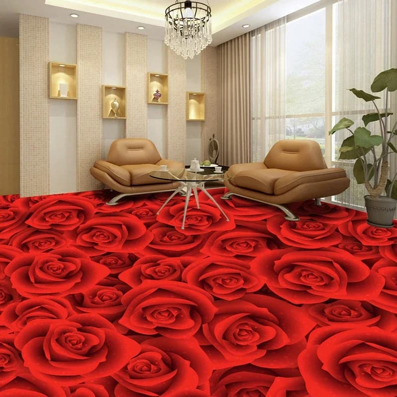 Custom 3D Floor Parade Card Red Rose Flower Living Room Bedroom Bathroom Floor Self-adhesive PVC Wall Parade Card Waterproof