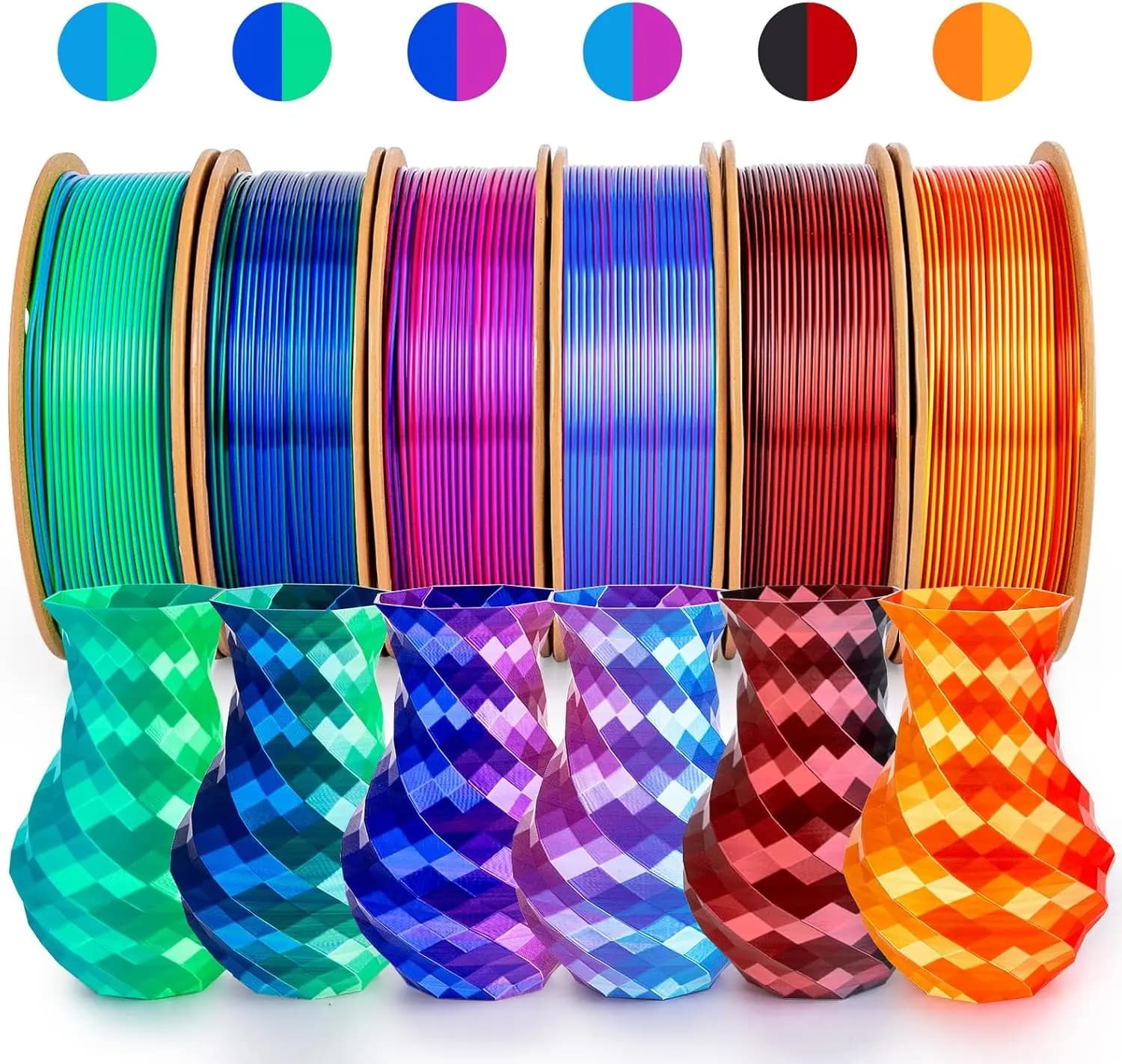 3D Printing Filament in PLA+ Bicolor Silk Effect, Pack of 6 Coils - 1.75mm, 250g x 6 Coils, Oro&Rosso, Nero&Rosso, Rosa&Blu Cielo