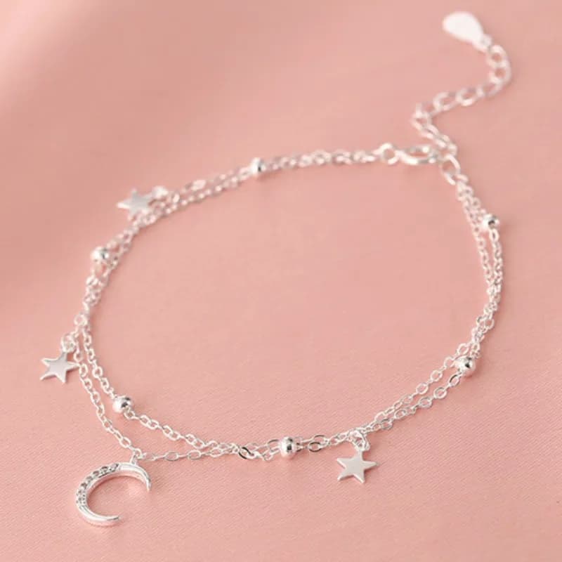 Bracciale a doppio strato con stella luna regolabile in argento sterling dal temperamento dolce per le donne Accessori per gioielli estivi Regalo Colorfast