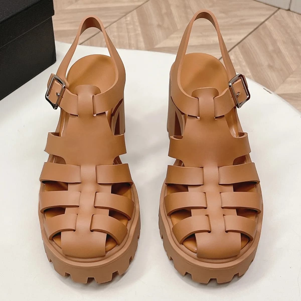 2026 New Women's Round Toe Leather Platform Shoes Sandals, Leather + Woven Strap & Buckle Design YYT26030182