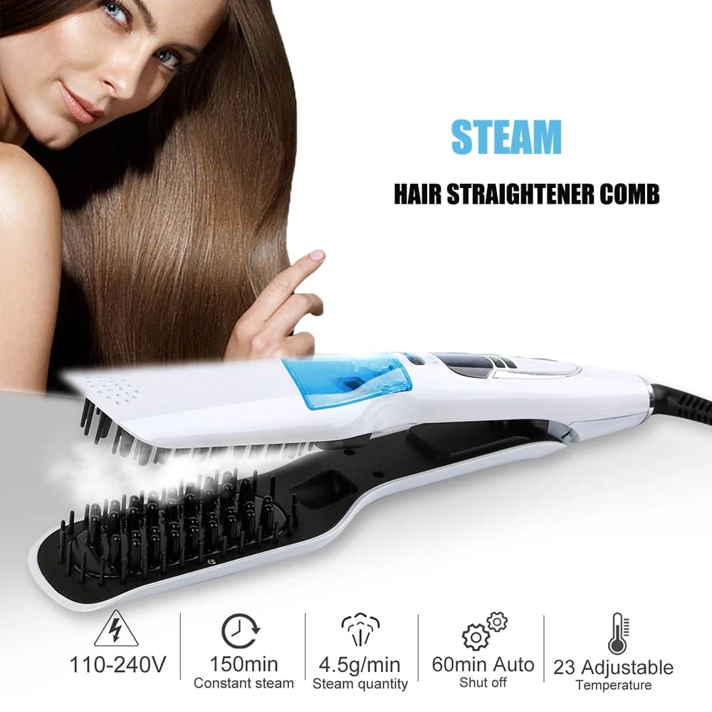 Piastra per capelli professionale a vapore, spazzola per salone, piastra per capelli in ferro piatto, vapore ionico veloce, asciutto e bagnato