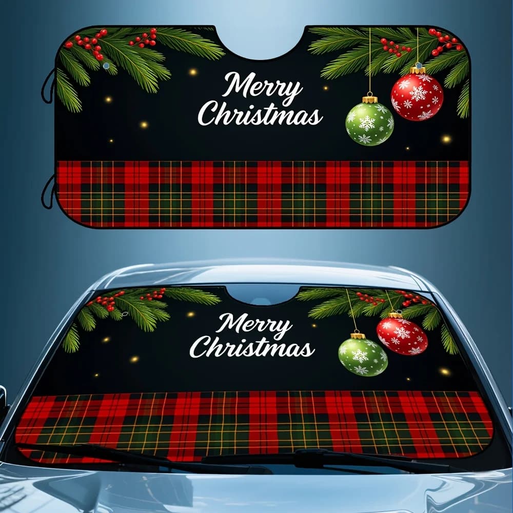 Parabrezza per auto natalizio da 1 pezzo con testo di buon Natale, plaid rosso e verde e ornamenti festivi - Pieghevole adatto per SUV, T