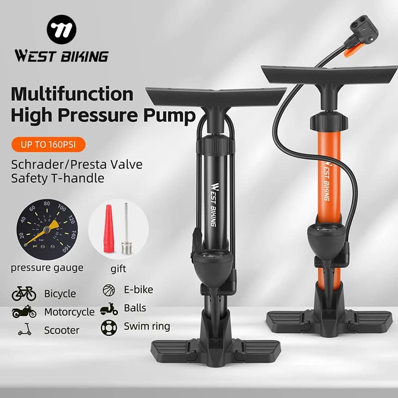 WEST BIKING Floor Bike Pump 160PSI High Pressure Hand Pump with Pressure Gauge Schrader Presta for Bicycle Motorcycle Car