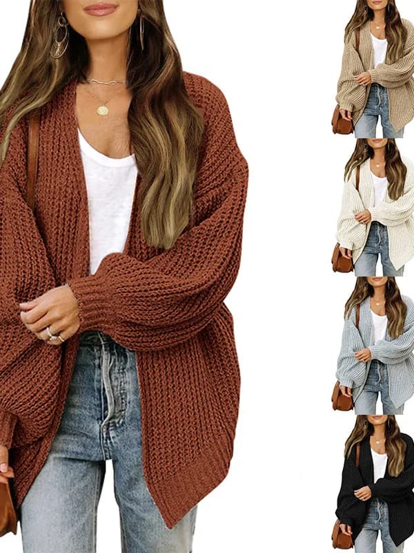 Cardigan ampio a maglia grossa con maniche a lanterna, stile streetwear, taglie forti, in fibra di poliestere, maglione da donna autunno inverno