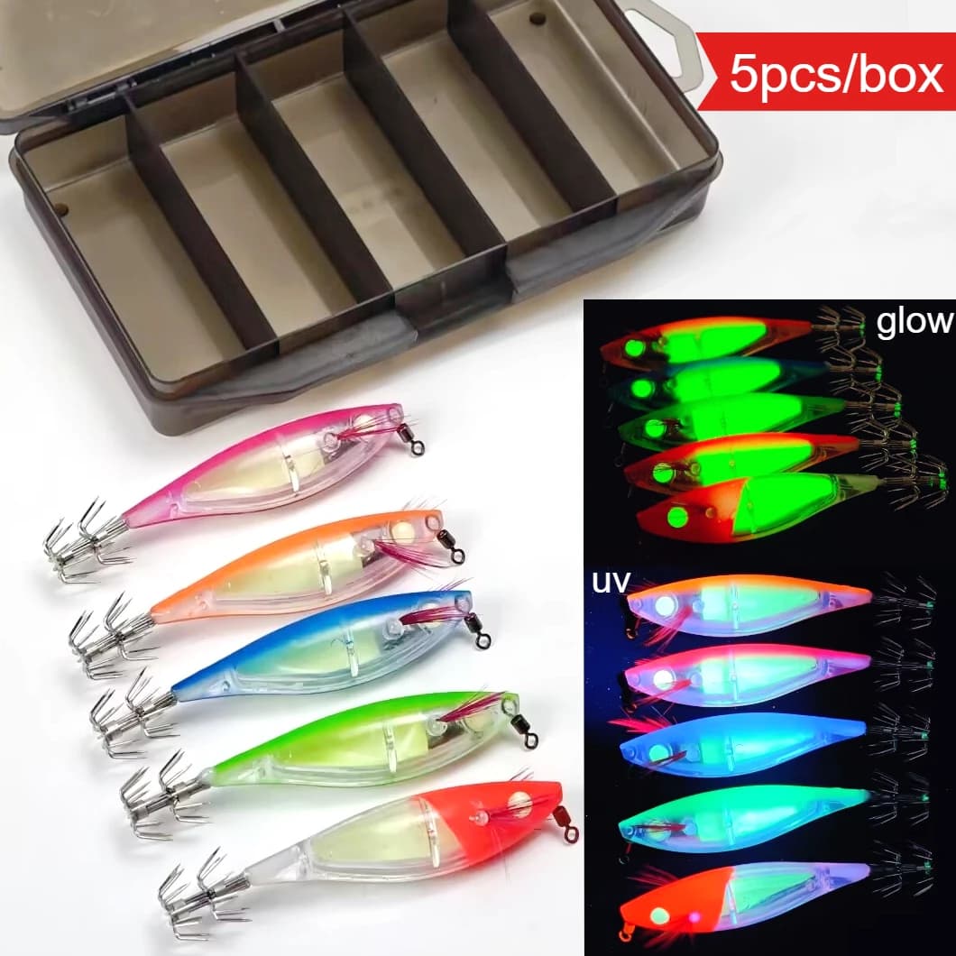 Set of 5 horizontal artificial baits for prawns and squid with toolbox, 9.5 cm, UV laser light body, for cuffs and cuttlefish, fishing baits