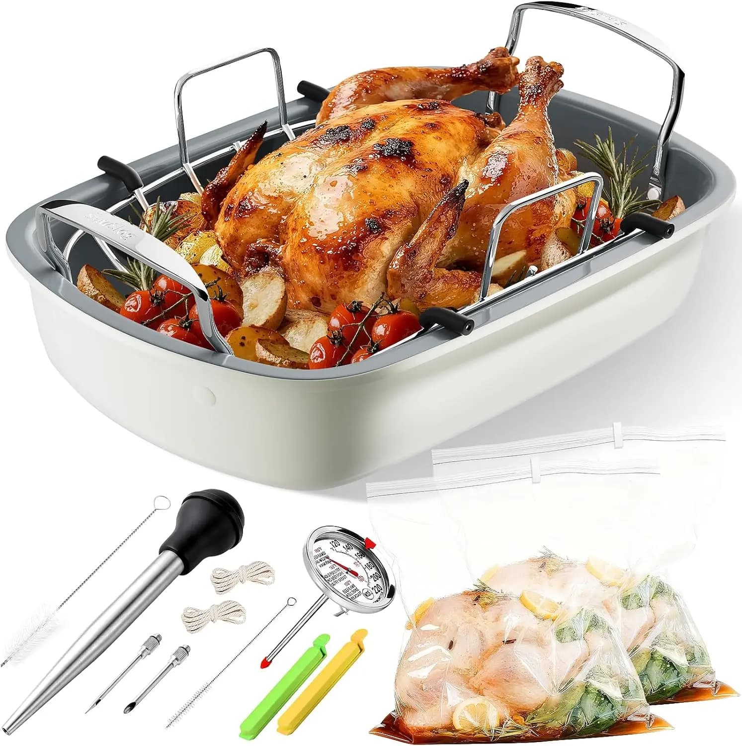 Teglia Antiaderente per Arrosto di Tacchino 17x13 Pollici con Griglia Rimovibile, Baster, Termometro e Sacchetti per Salmastro per Carni e Verdure Perfette