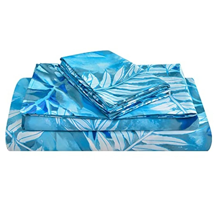 Set di lenzuola con stampa di foglie tropicali blu, 4 pezzi, lenzuola in microfibra morbida con motivo, tasca extra profonda