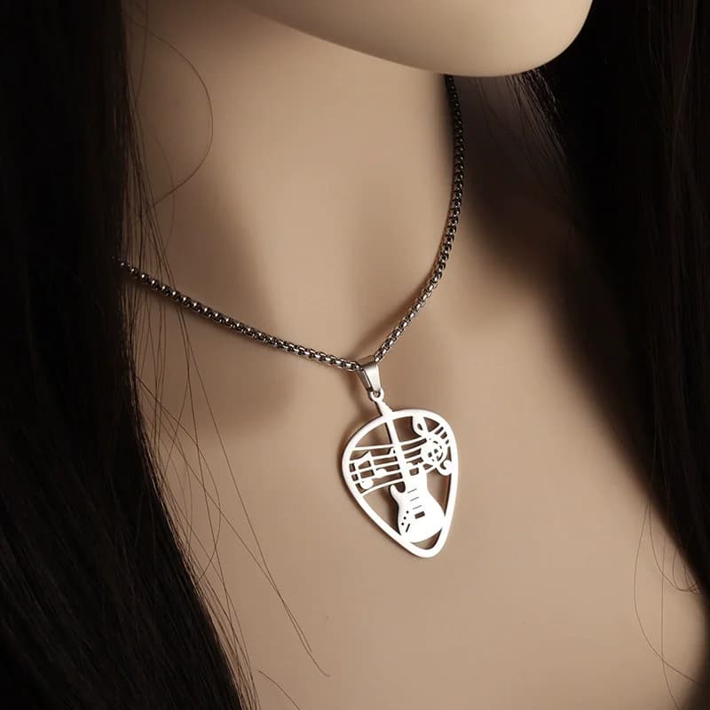 Collana con collana per chitarra con plettro per basso, design cavo in acciaio inossidabile da 1 pezzo